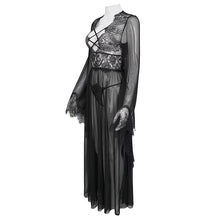 Load image into Gallery viewer, ESX004 see through flared sleeve lace black long night dress sexy lingerie