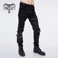 Load image into Gallery viewer, PT092 Asymmetric loops ragged black men punk rock broken holes bandage trousers