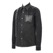 Load image into Gallery viewer, SHT049 Spring asymmetric design mesh spliced punk rock black men shirts with straps and pocket