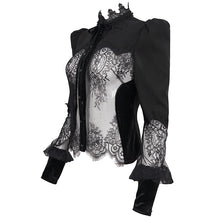 Load image into Gallery viewer, ESHT011 small stand collar long sleeves see through lace paneled sexy women black gothic blouse