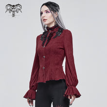 Load image into Gallery viewer, SHT07602 red daily flowers shoulder flared sleeves striped laced up gothic sexy women blouse
