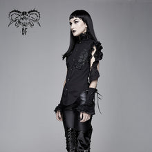 Load image into Gallery viewer, SHT04001 Summer Gothic black women twining ruffled lace sleeves swallowtail chiffon blouse