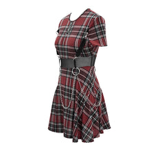 Load image into Gallery viewer, SKT109 daily life cool girls mesh waist stretchy mid-length Scottish red plaid dress with chains