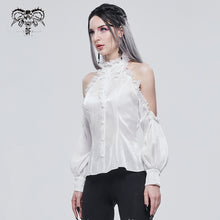 Load image into Gallery viewer, SHT08102 stand collar white fitted waist sexy ladies off the shoulder vertical striped lace Gothic shirts
