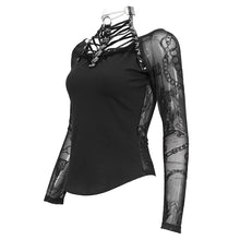 Load image into Gallery viewer, TT236 Punk chain flocked print off-the-shoulder T-shirt