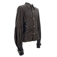 Load image into Gallery viewer, SHT046 Western fashion Autumn Steampunk brown striped shirts with fake belt