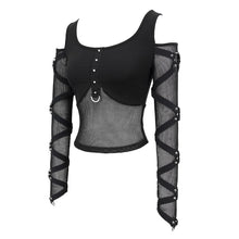 Load image into Gallery viewer, TT048 mesh spliced off the shoulder sexy women punk long sleeves T-shirts