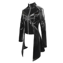 Load image into Gallery viewer, CT163 Cyber punk nailed zipper up black bright leather women long coat