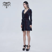 Load image into Gallery viewer, SKT141 daily life Black and red deep V neck sexy girls velvet loose lace belted dress