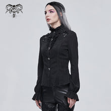 Load image into Gallery viewer, SHT07601 Autumn 3D appliqued shoulder lace stand collar striped black gothic women blouse