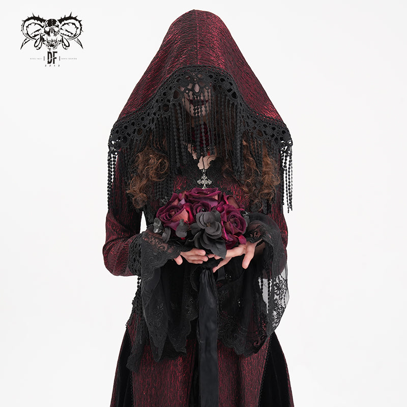 CT24702 Red Women Gothic long hooded long sleeve lace coat