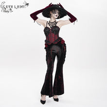 Load image into Gallery viewer, EPT02002 Black and Red Velvet-knit flared trousers with side ruffles
