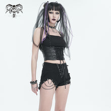 Load image into Gallery viewer, PT208 Denim and leather spliced asymmetric  shorts with chain
