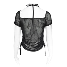 Load image into Gallery viewer, TT311 Punk-Style Halter-Neck Velvet-Knit &amp; Mesh Patchwork Short-Sleeve T-Shirt
