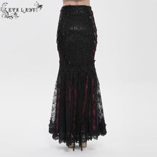 Load image into Gallery viewer, ESKT08002 Black and red Sequin-Embellished Mesh and Flocked Floral Mesh Fitted Fishtail Skirt
