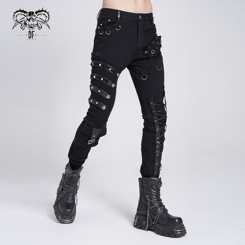 PT100 punk heavy metal lace up leg torn men trousers with loops