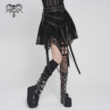 Load image into Gallery viewer, SKT25801 Punk Skull Mesh-Paneled, Snake-Print Faux Leather Micro-Mini Skirt with Multiple Straps
