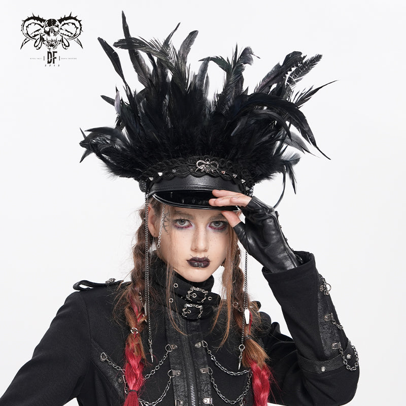 AS256 Long and short feather tassel chain leather military cap