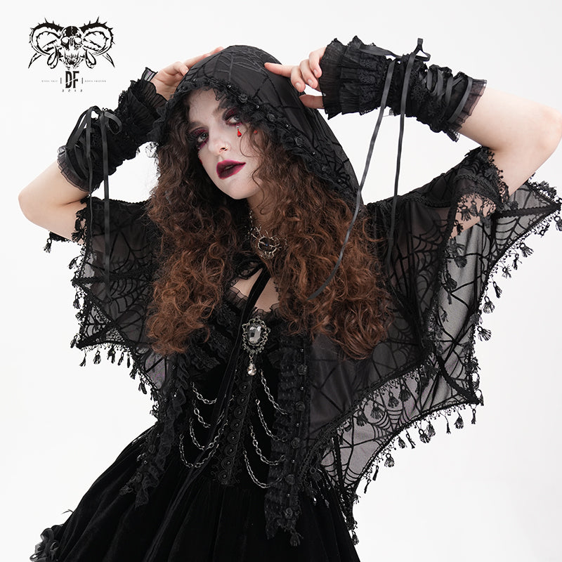 CA047 Women Gothic Flocked Spider Web Hooded Shawl