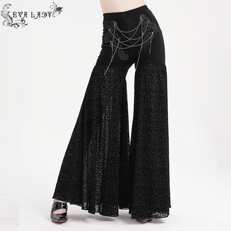EPT017 Velvet and burnt-out flower mesh bell-bottom gothic women pants