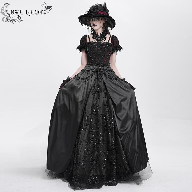 ESKT05701 Black Sequined Lace Mesh Gown Dress
