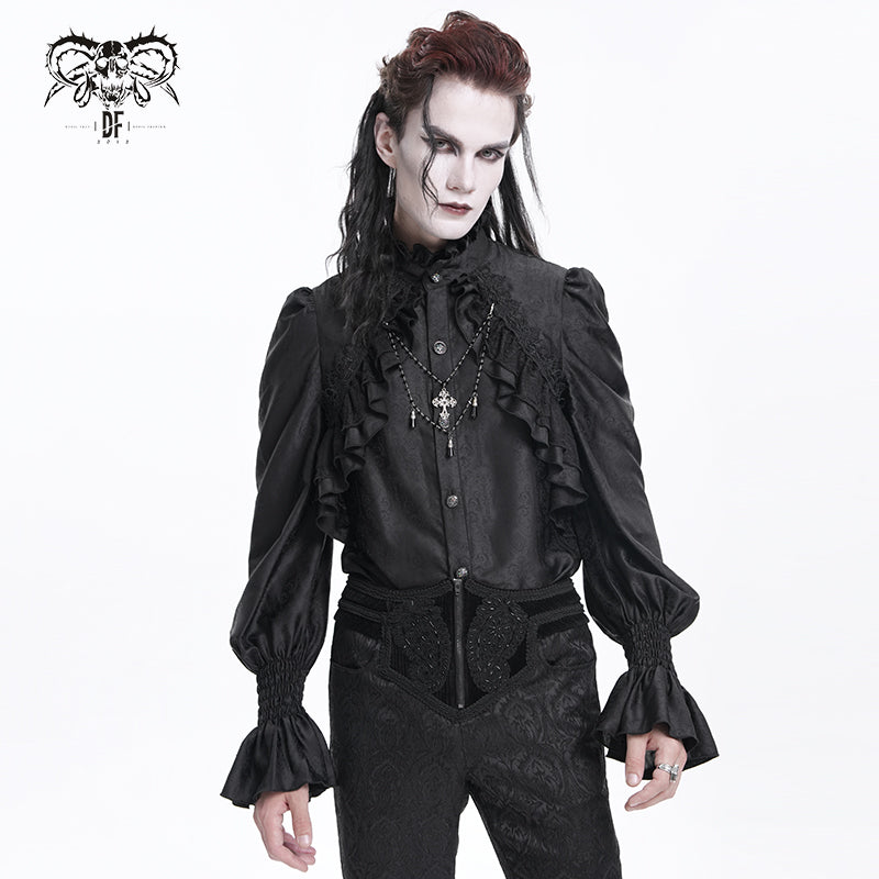 SHT12401 Black Gothic pattern satin long-sleeved men shirts