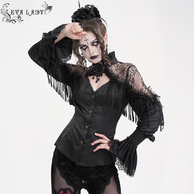 ESHT016 Gothic pattern satin V-neck shirts