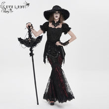 Load image into Gallery viewer, ESKT08002 Black and red Sequin-Embellished Mesh and Flocked Floral Mesh Fitted Fishtail Skirt
