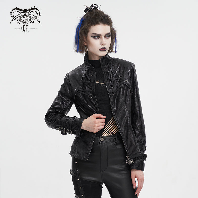 CT212 Stand collar strappy crackled leather jacket