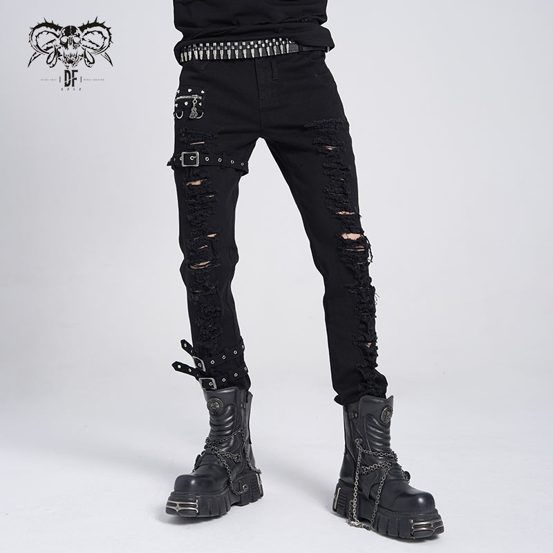 PT040 daily life wear men metallic punk broken holes trousers with loops