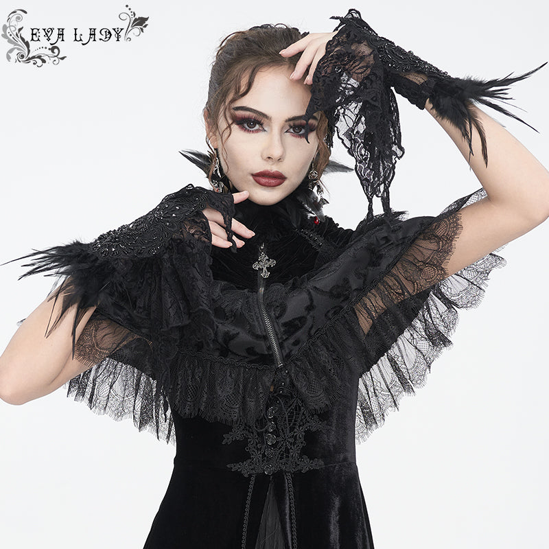 EGE00201 Black gothic Flocked rose mesh feather sleeves