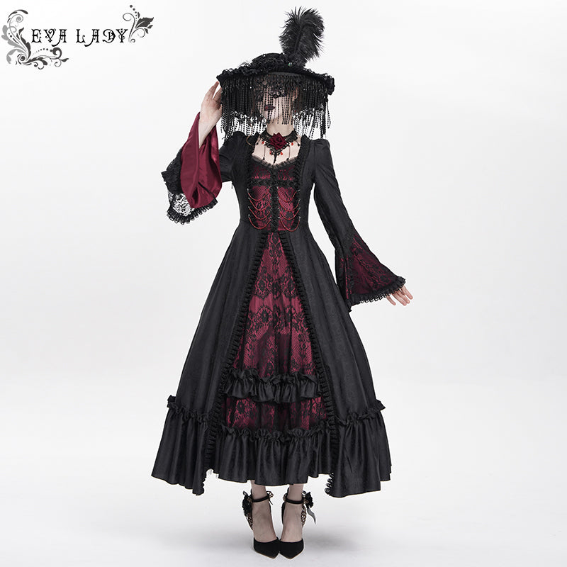 ESKT06602 Black and Red Gothic Pattern Satin Rose Mesh Long Sleeve Dress