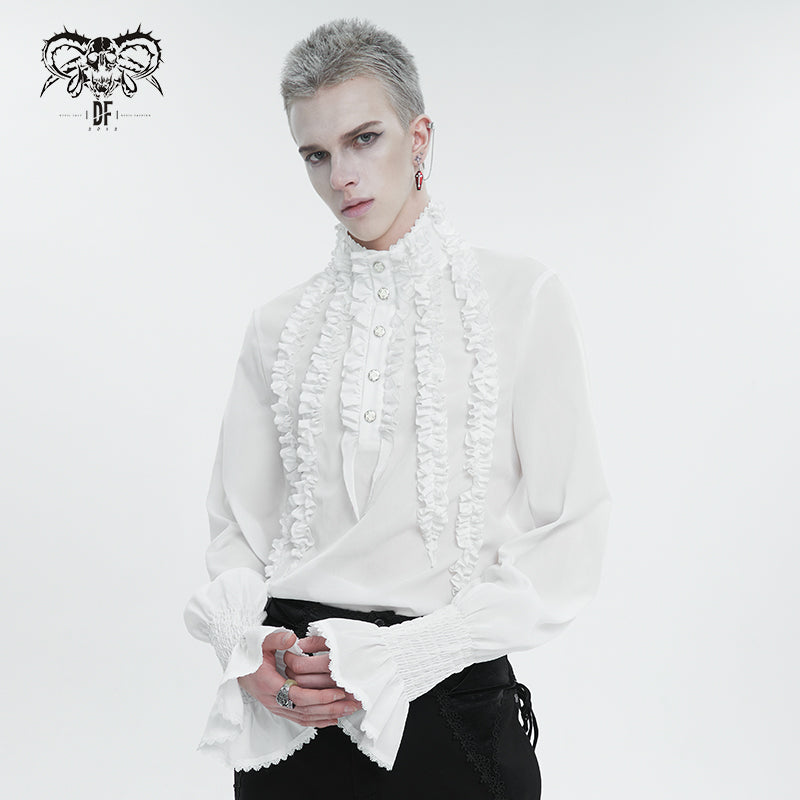 SHT10402 White Chiffon pleated Lace Stand Collar Men's Shirt