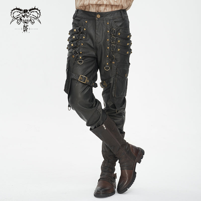 PT24402 Brown Steampunk brush-off leather trousers