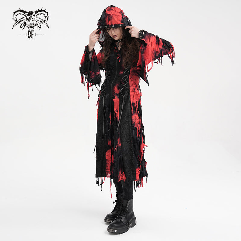 CT245 Black and Red women ragged Tie-dyed striped long-sleeved hooded long coat
