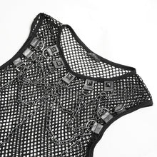 Load image into Gallery viewer, TT317 Large Diamond Mesh &amp; Faux Leather Paneled Woven Punk T-Shirt
