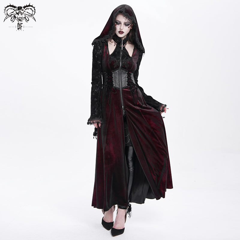CT26002 Red Gothic shiny velvet halterneck hooded women coat