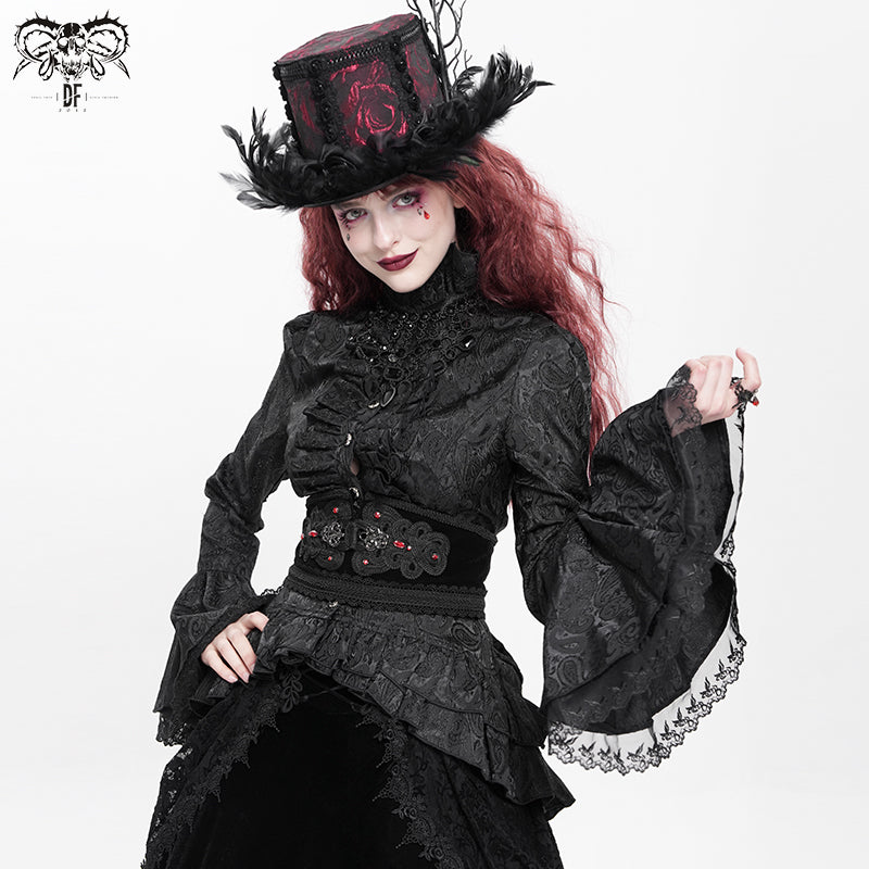 SHT01701 Women short front and long back flared sleeves Gothic black ruffled lace blouse