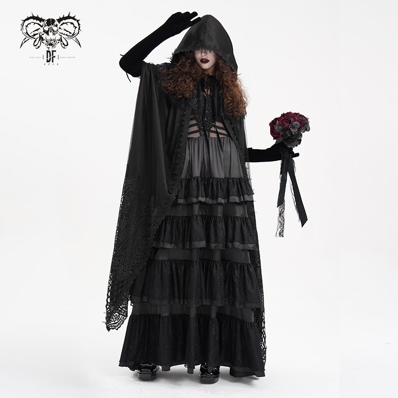CA04501 Black Gothic Lace Hooded Cloak