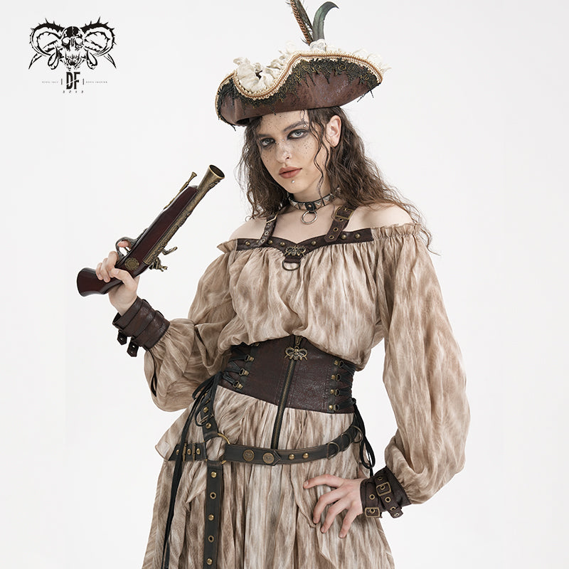 TT27702 Steampunk Halter neck off shoulder long sleeve loose T-shirt