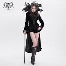Load image into Gallery viewer, ECT004 Festival short front long back feather stand collar velveteen gothic women black long coat
