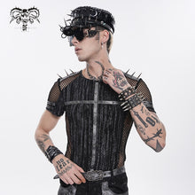 Load image into Gallery viewer, TT315 Punk Stretch Tie-Dyed Knit T-Shirt with Large Diamond Mesh Paneling
