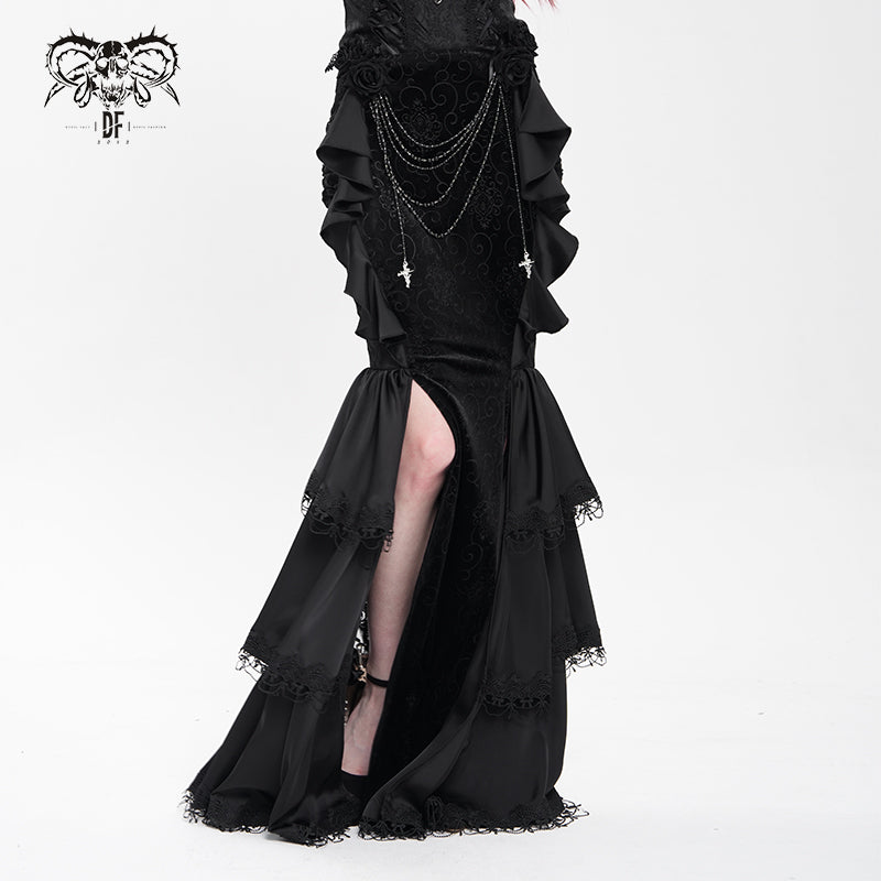 SKT23601 Black Gothic embossed velvet fishtail skirt