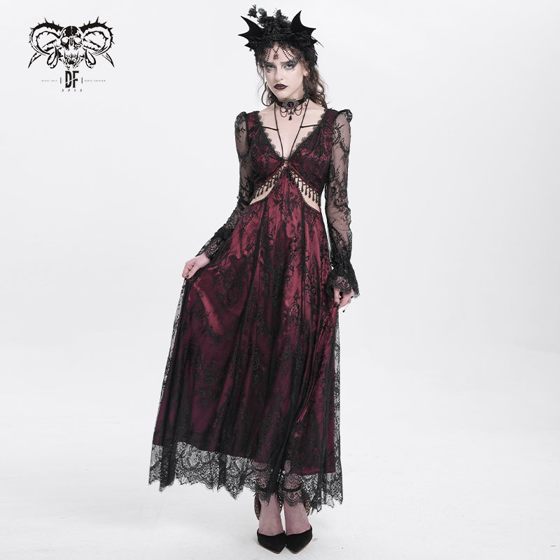 SKT171 Gothic wine red lace dropped waist dress