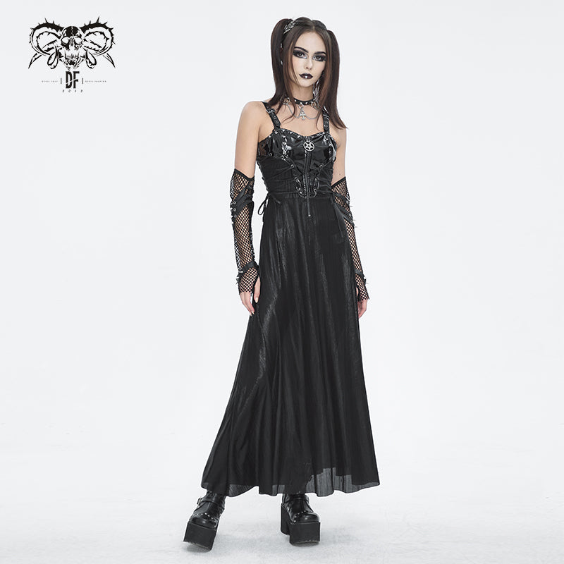 SKT189 Punk pleated glazed leather suspender dress