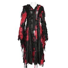 Load image into Gallery viewer, CT245 Black and Red women ragged Tie-dyed striped long-sleeved hooded long coat
