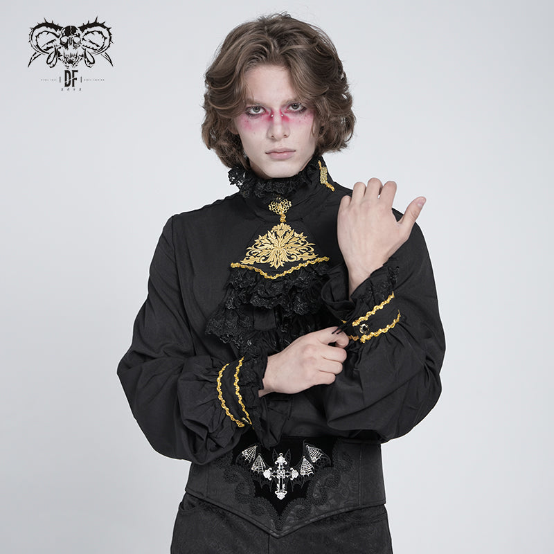 SHT02301 Men Gothic black and gold embroidered lace sleeves bow tie chiffon shirts