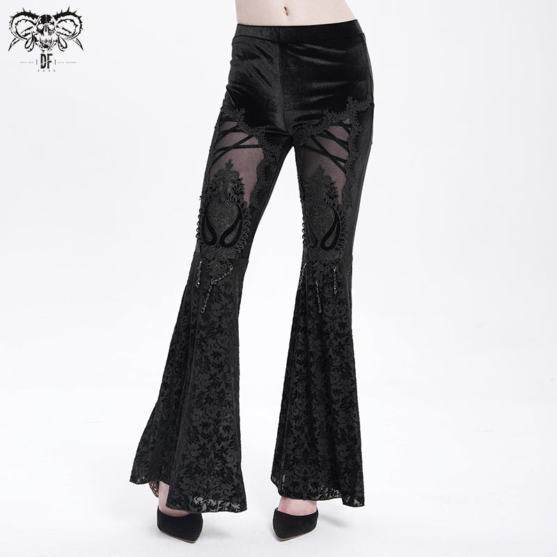 PT272 Hollow out Thigh mesh flocked flared trousers