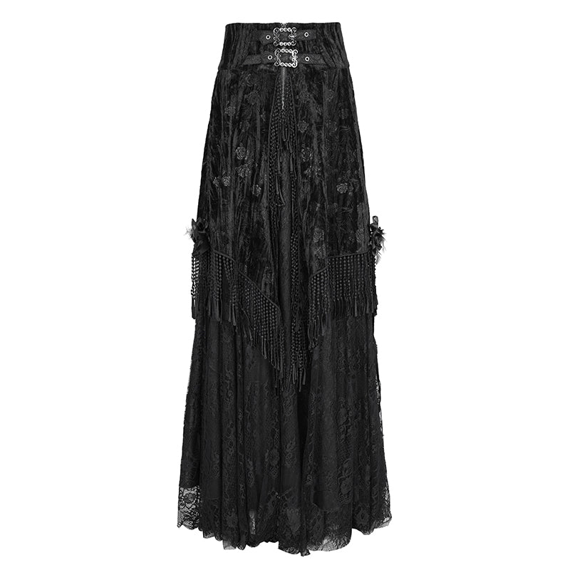 ESKT05001 High Waist Rose Embossed Velvet Tasseled Skirt