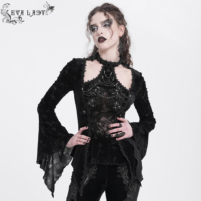 ETT04101 black Gothic shiny velvet halterneck long-sleeved T-shirt